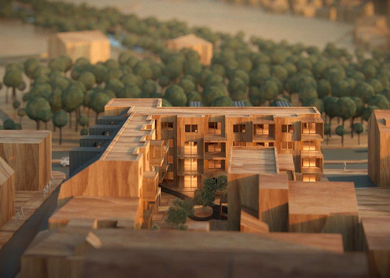 Mit Holz-Hybridbau lassen sich auch Wohnhäuser realisieren.